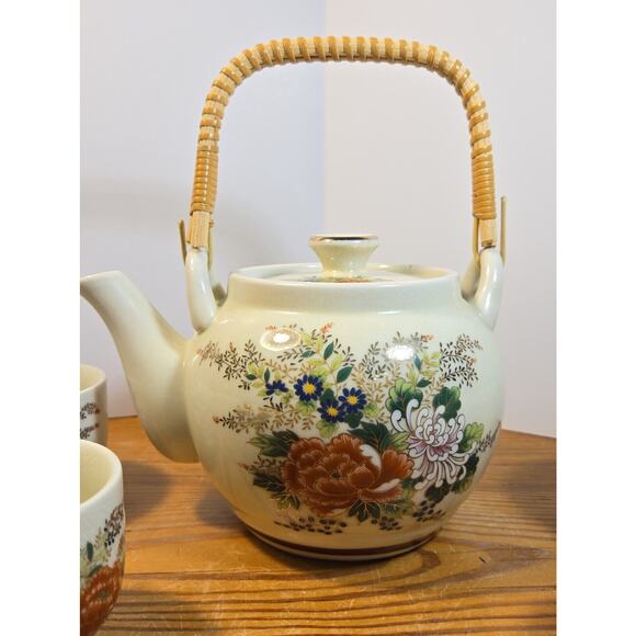 Japan Teapot 6 cups Set White Mod Flower Design Bamboo Handle OMC - Picture 8 of 14